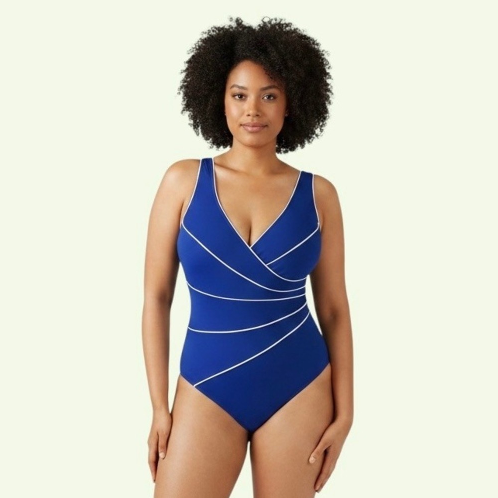 Miraclesuit One Piece Swimsuit Size M Blue White Piping Wrap V-Neck Nautical